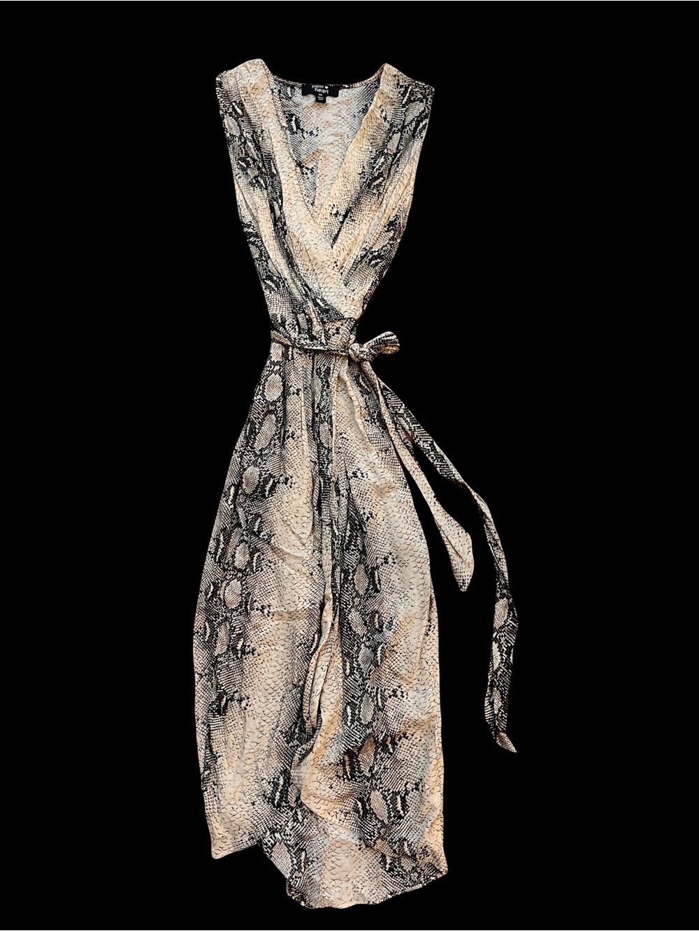 Snake-Print Midi Wrap Dress in Black & Cream